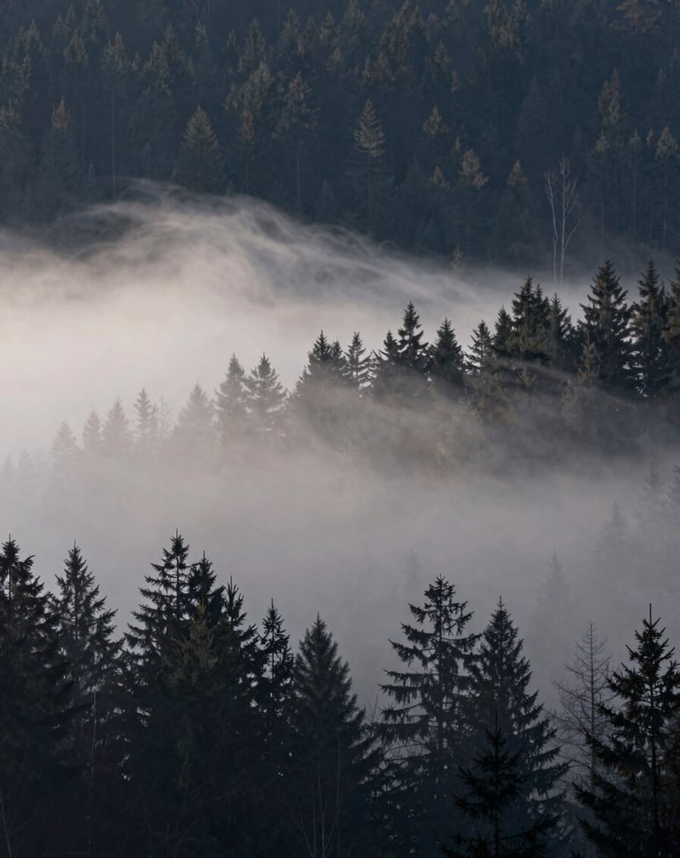 A horizontal cinematic landscape of a dark forest at dusk, with Soft Alabaster White mist rolling through Charcoal Grey trees. Mysterious mood.