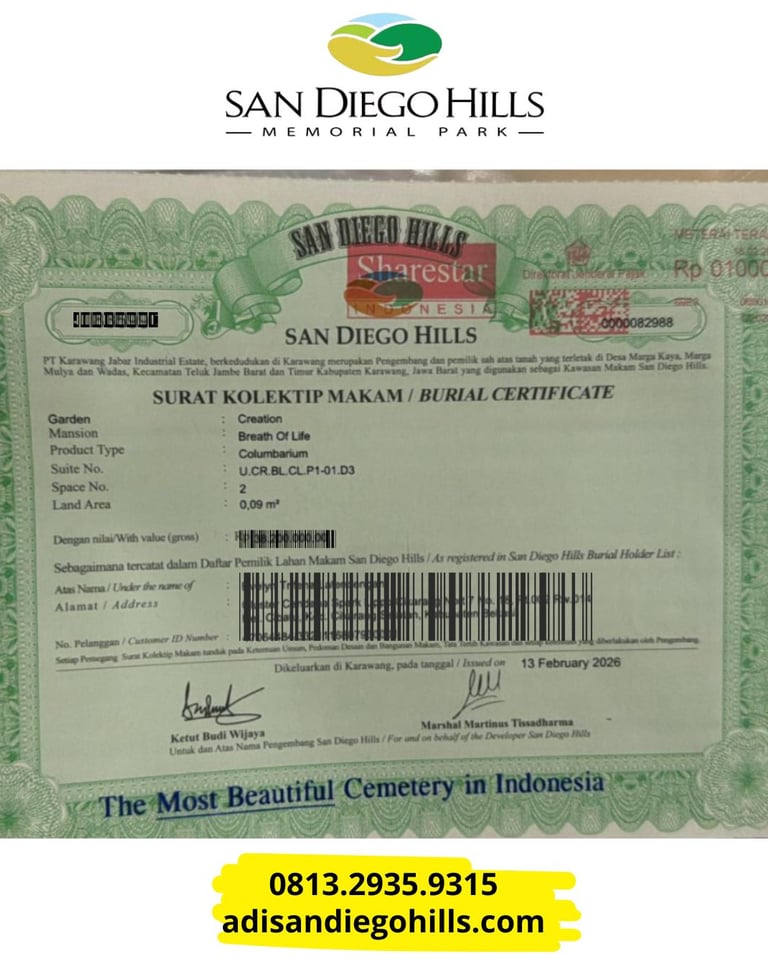 Sertifikat makam San Diego Hills resmi atau burial certificate sebagai bukti kepemilikan lahan