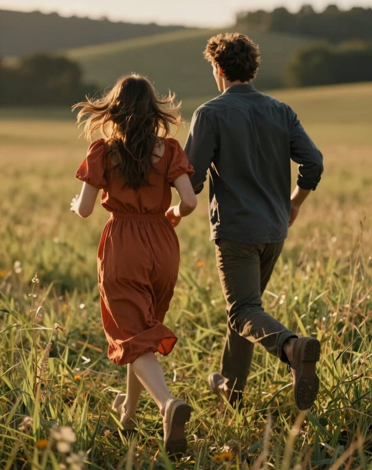 A lifestyle photograph of a couple running through a sun-drenched field in the North American / US Midwest. The movement is captured with a cinematic blur to feel authentic. Warm, golden-hour light highlights the terracotta and charcoal tones of their clothing.
