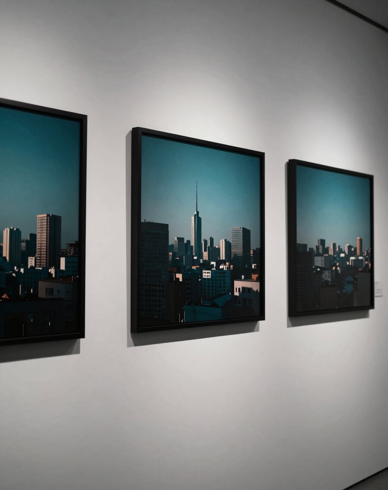 A gallery wall featuring several framed minimalist photographs of urban landscapes. The lighting is focused, casting soft shadows of deep sea teal across the mist white walls.