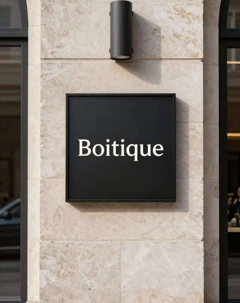 Minimalist outdoor signage for a luxury boutique on a clean stone wall in a modern International / Western metropolitan shopping district, under clear daylight.