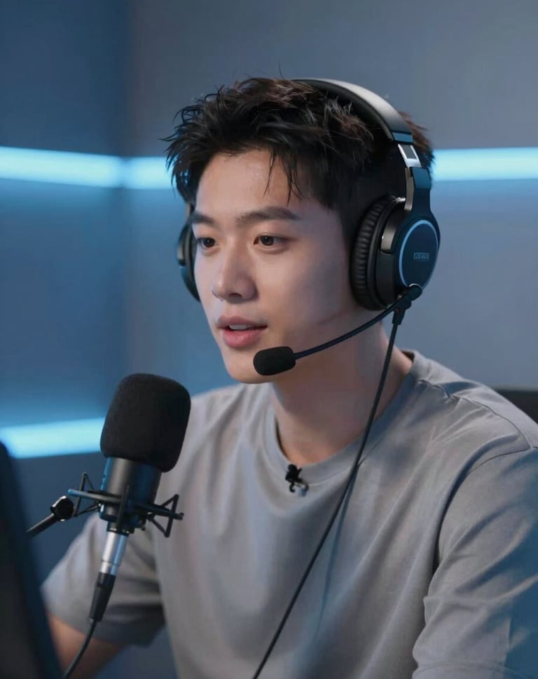 A sharp, focused shot of a professional shoutcaster wearing a headset, captured in a modern studio with cool blue #8EA7BF ambient lighting and metallic textures.