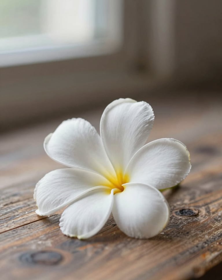 A single white tropical flower resting on a weathered wooden surface, #7B6654 textures, intimate macro shot, serene and minimalist aesthetic with natural window light.