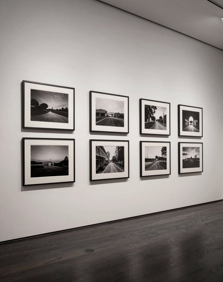 Wide shot of a contemporary gallery interior with off-white walls and dark charcoal wooden floors. Framed black and white photography is arranged in a strict grid. Global / Contemporary Art.