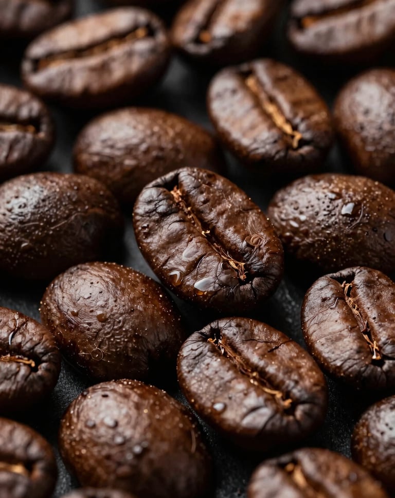 Detail photography of freshly roasted dark coffee beans, high contrast, rich oily textures, dark brown and golden tones, professional food photography style.