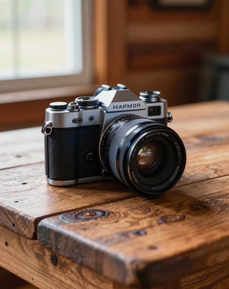 A professional close-up of a vintage-style camera resting on a rustic wooden table in a North American / US cabin setting. Soft natural light spills from a window, highlighting the steel blue and dark navy accents of the gear.