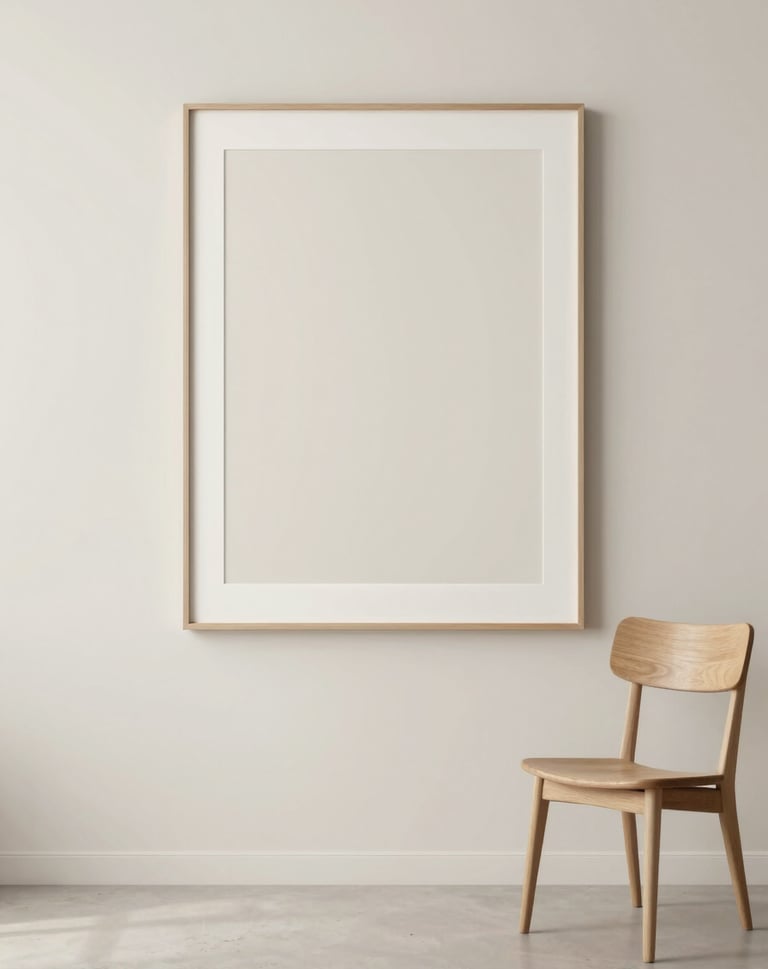 A wide, elegant shot of the finished artwork hanging in a minimalist sanctuary. The room features clean lines and a soft #F9F8F7 palette. A single wooden chair sits nearby, reinforcing the theme of quiet contemplation.