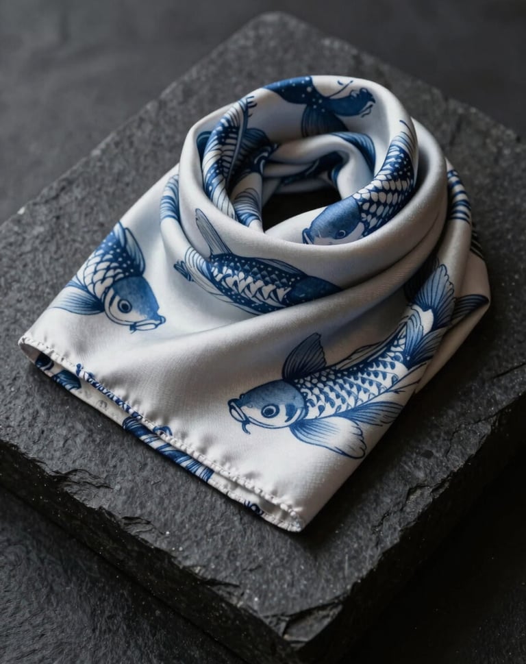 A minimalist, high-end product shot of a Sa-Koi silk scarf folded on a charcoal black stone plinth. The pattern is a subtle, sophisticated indigo blue koi motif, captured with sharp focus and cinematic lighting.