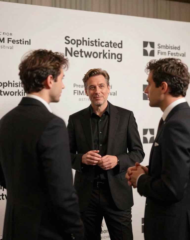 Sophisticated networking event at a prestigious film festival in a major North American city, elegant industry professionals in conversation, black and off-white palette, professional and engaging mood.