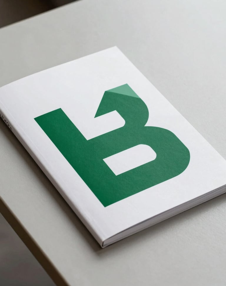 Minimalist composition of a sleek corporate brochure on a light gray table. The cover features a bold geometric logo in dark green. The lighting is soft and diffused, highlighting the paper texture. South American / Brazilian professional style.