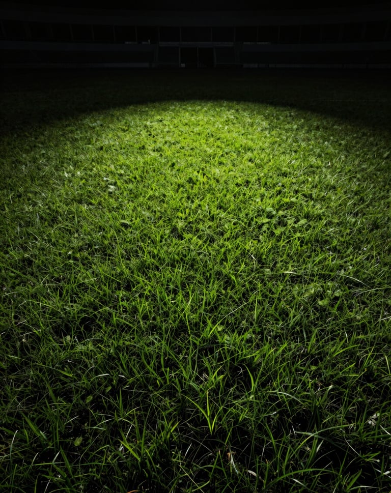 A detailed texture shot of the grass field under a single spotlight in an empty arena. High contrast between the deep charcoal shadows and the vibrant, lit blades of grass.