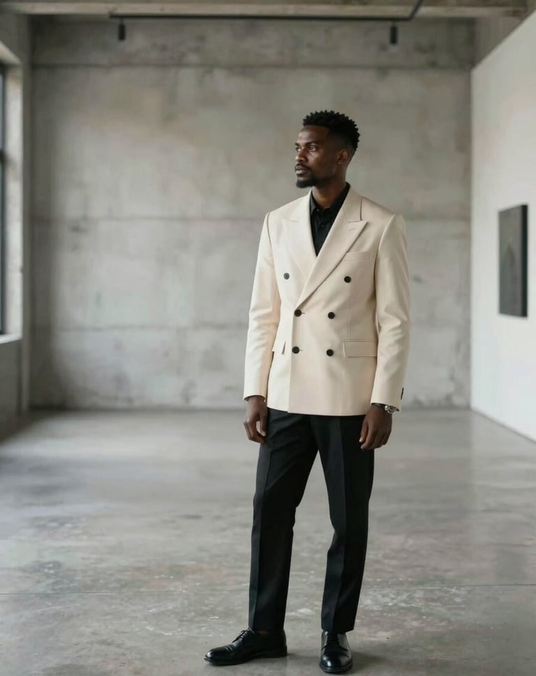 A wide-angle, cinematic shot of P.E.P YLS standing in a minimalist concrete space that feels both like a Lagos gallery and a Brooklyn loft. He is wearing a sophisticated outfit in #F5F5EB cream and #0A0A0A black. The mood is calm, professional, and globally resonant.