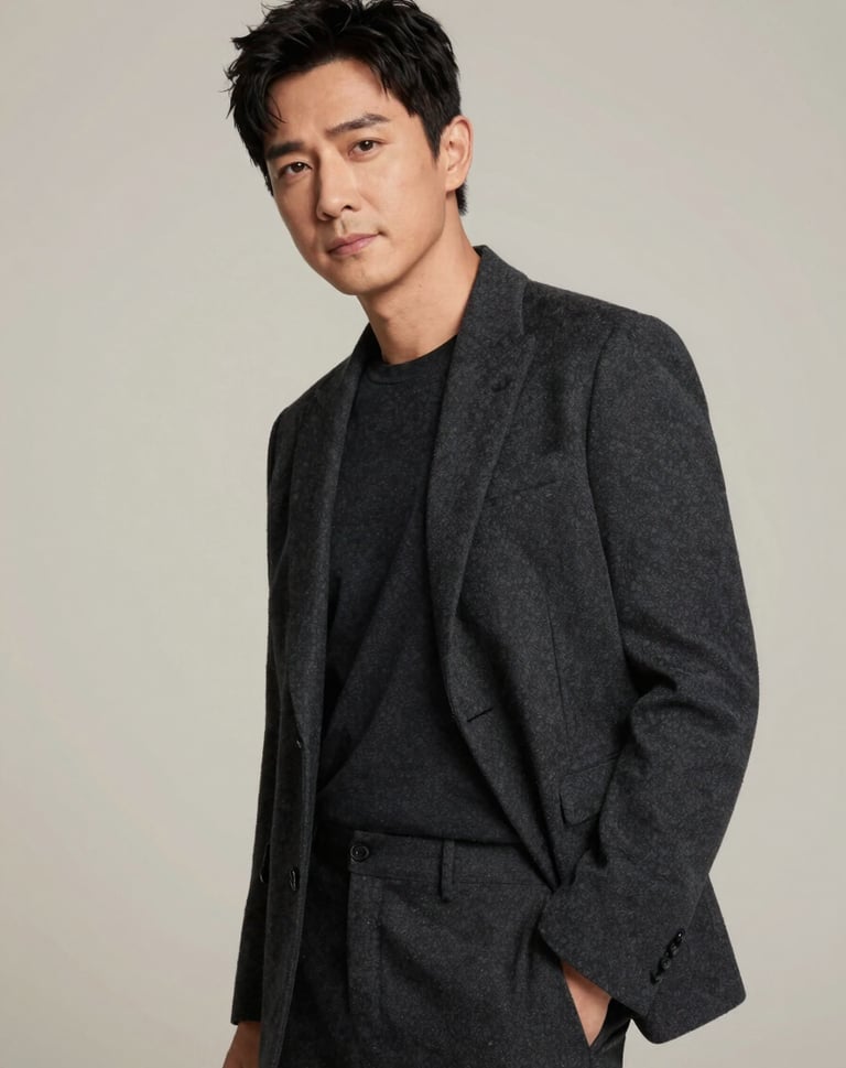 An elegant, stylized portrait of an actor against a minimalist off-white background. The lighting is sophisticated, creating a contemporary look. The actor is dressed in a dark charcoal outfit, conveying a polished and versatile professional image.