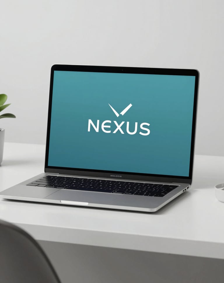 A minimalist workspace featuring a high-end laptop showing the finished Nexus logo. Background colors include #778DA9 and #E0E1DD. Refined and creative atmosphere.
