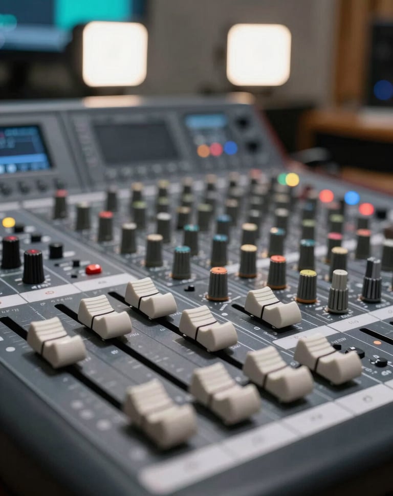 A professional high-end mixing console in a South American / Colombian studio. The faders are in focus, with blurry light off-white studio lights and neon cyan screen reflections in the background.