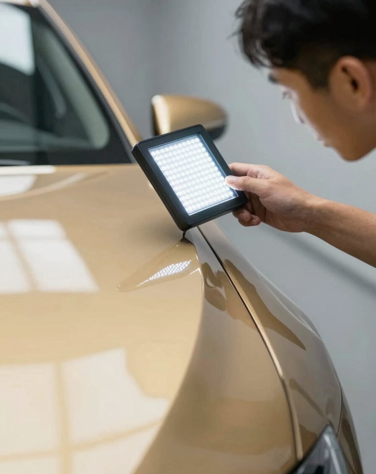 Expert technician checking a finished car panel with a professional LED light board, showing perfectly parallel lines on the gold-toned reflections of the car's surface.