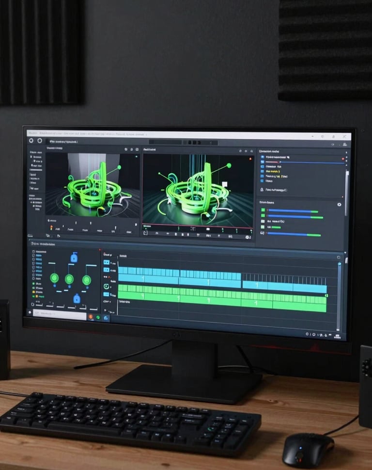 Portrait-style cinematic shot of a professional editing suite. A high-resolution screen shows a 3D motion design render with neon green elements. The background is a dark, clean wall with professional acoustic treatment. Modern Brazilian aesthetic.