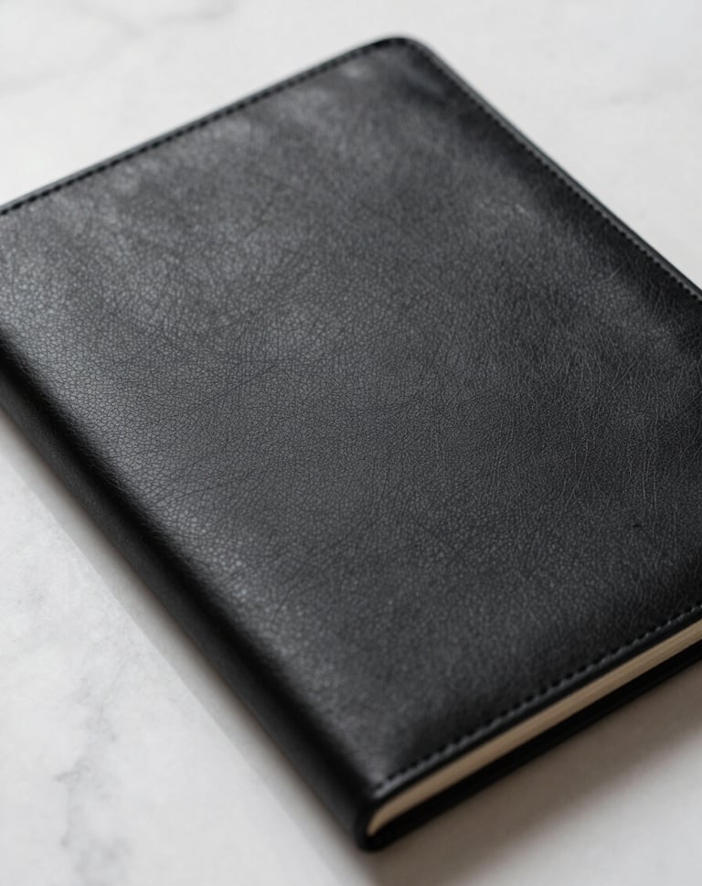 Detail shot of a black leather-bound brand book resting on a white marble surface, sharp lighting, desaturated tones.