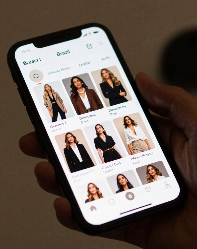 Close up of a premium smartphone screen displaying a social media feed with influential fashion content, soft depth of field, professional studio setting in Brazil.