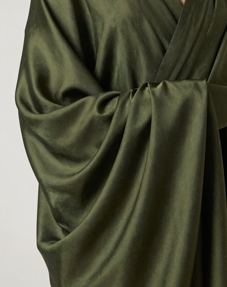A detailed photograph of a silk sculpture's surface, showing the rich, meticulously layered texture. The color palette is a sophisticated blend of deep forest green and muted olive, with a clean and modern composition.