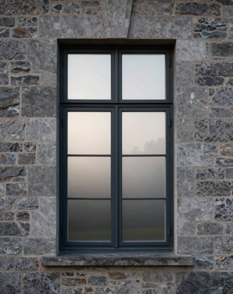 A minimalist architectural photograph of a North American / European manor house window. The scene is composed with a focus on symmetry, showing dark charcoal frames against warm grey stone walls. Outside, a hint of off-white morning mist is visible.