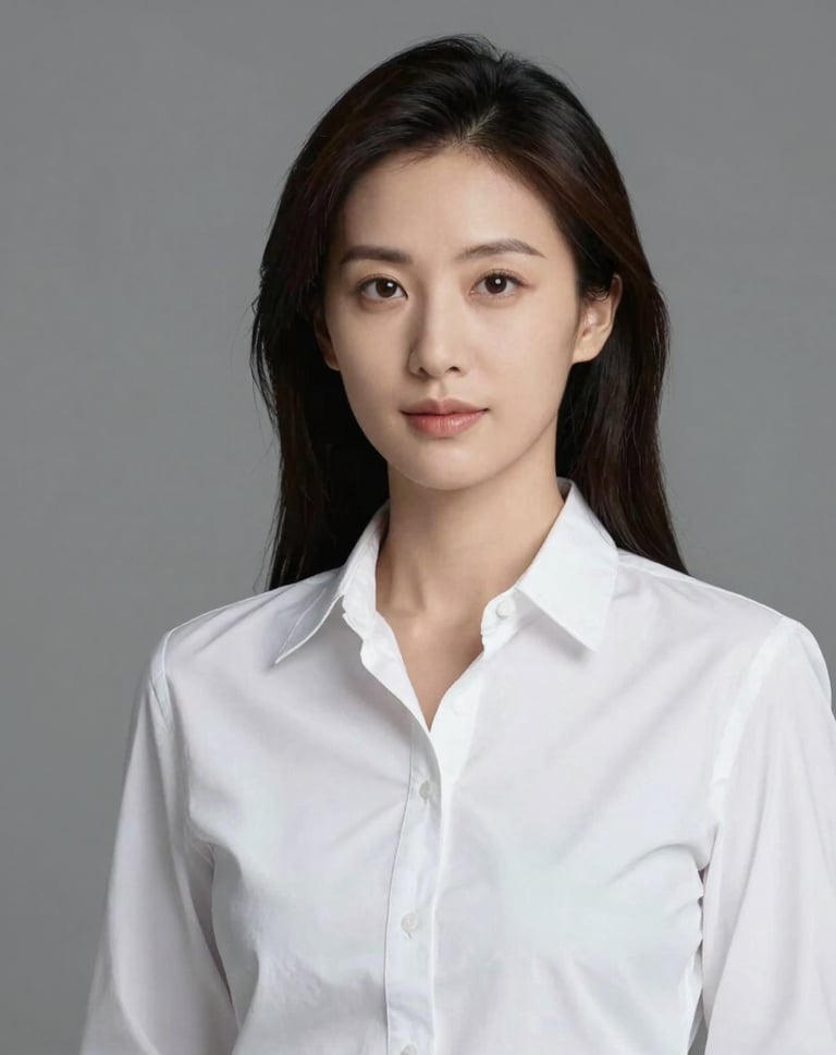 A minimalist portrait of a professional woman in a crisp white shirt, photographed against a neutral gray background. The lighting is soft and flattering, emphasizing a confident and creative visual identity.