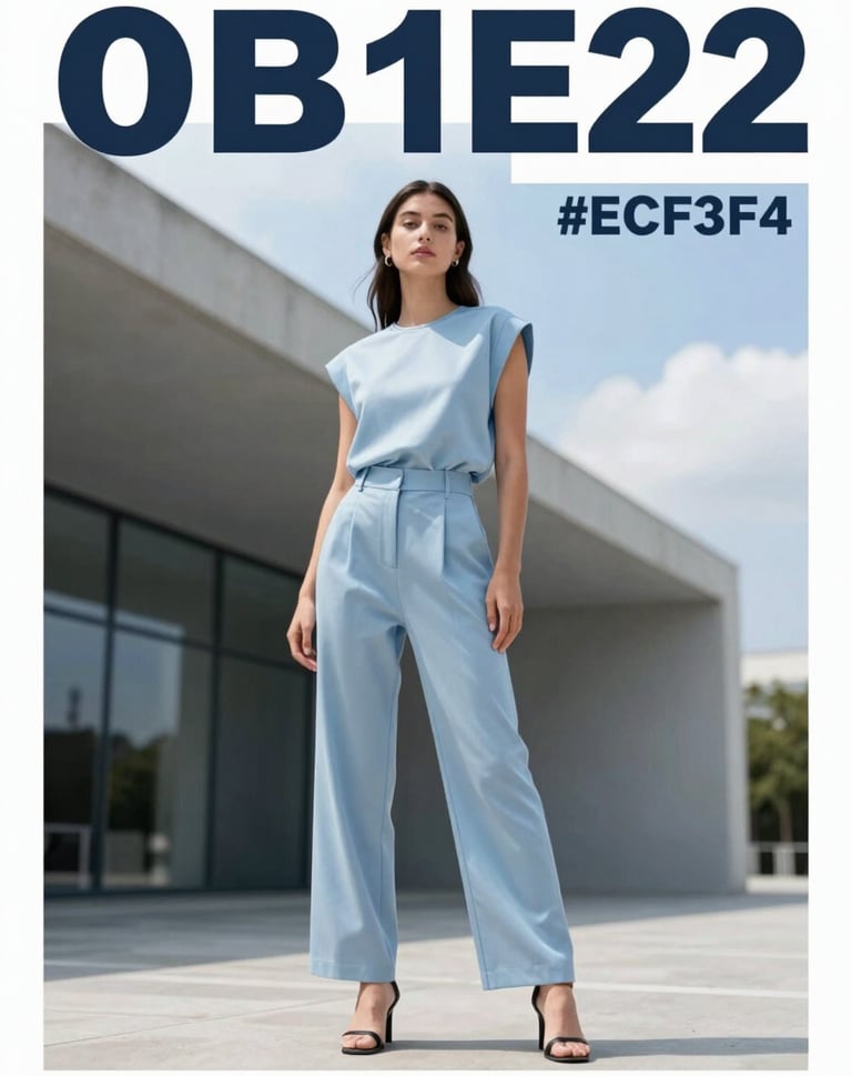 Imagen final de una campa3a publicitaria de moda de alto nivel. Una modelo posando en un entorno arquitect3nico moderno con ropa de dise3o. Calidad de imagen n3tida, estilo escandinavo limpio y elegante. Colores dominantes #0B1E22 y #ECF3F4.