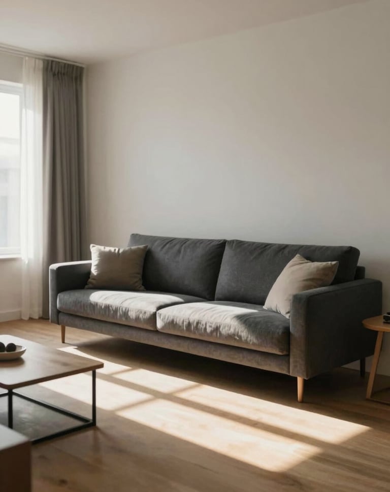 A wide, cinematic shot of the finished living space. Sunbeams cross the floor, illuminating a comfortable sofa and charcoal #2F4F4F accents. The atmosphere is peaceful and airy.