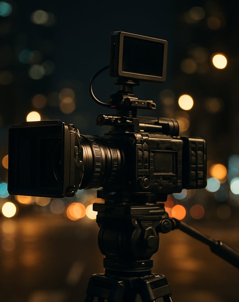 A high-end cinematic camera on a heavy-duty tripod in a metropolitan urban setting at night, city lights blurred in the background, professional production atmosphere.