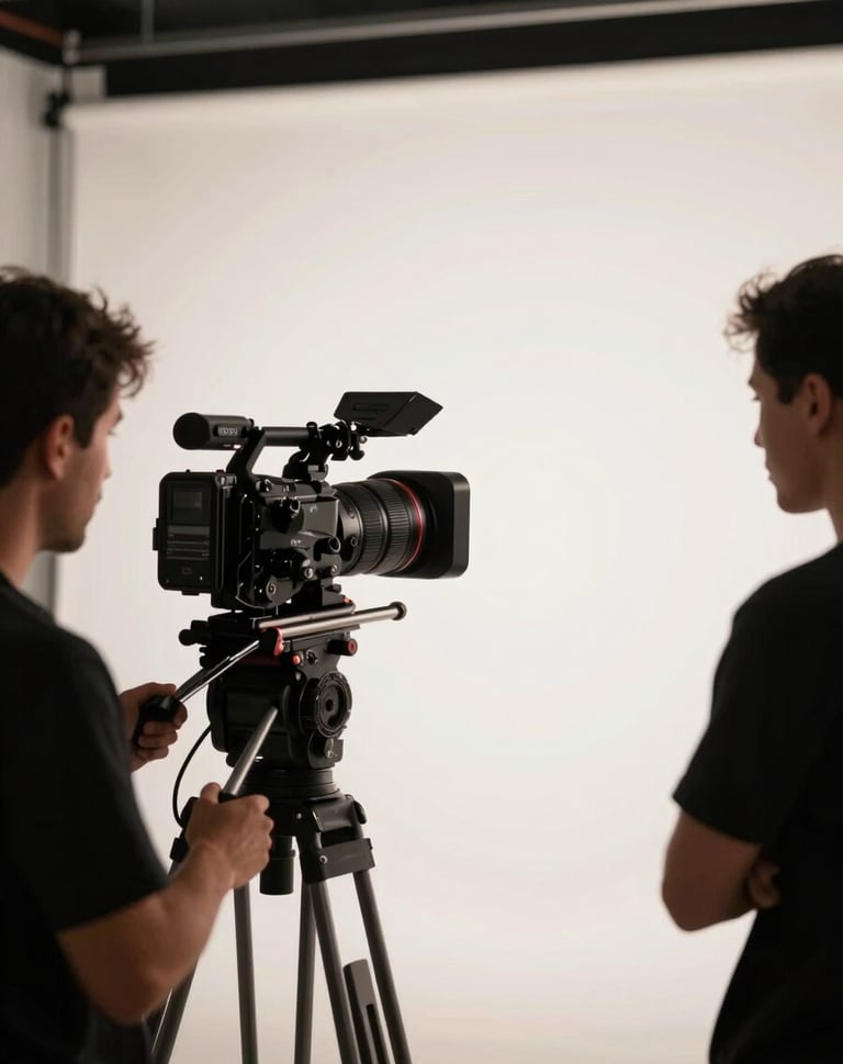 A high-end production scene of a camera operator filming a branded content segment in a bright, modern studio. Soft off-white lighting with deep black shadows. Global / Western.