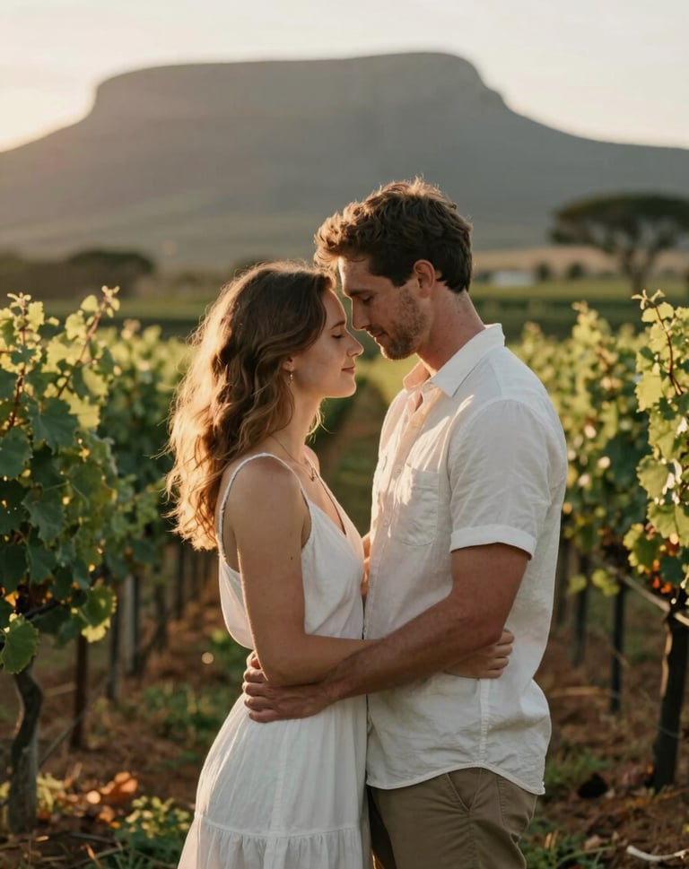 A romantic couple portrait taken at golden hour in a South African vineyard, soft focused background, warm lighting, Deep Forest Green and Soft White accents.