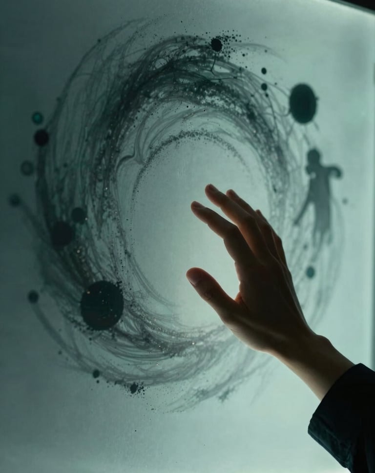 A tall, vertical shot of a person's hand reaching toward a screen of milky glass. Behind the glass, silhouettes of cosmic dust swirls in dark charcoal and deep teal. The lighting is friendly yet mysterious, embodying a scientific inquiry.