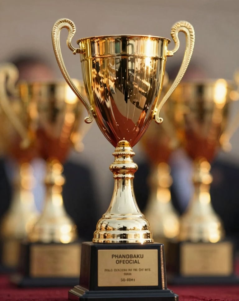 The trophy presentation ceremony, capturing the golden hour light hitting the winners. Elegant and impactful composition, highlighting the results of the action with #F2F1ED highlights.