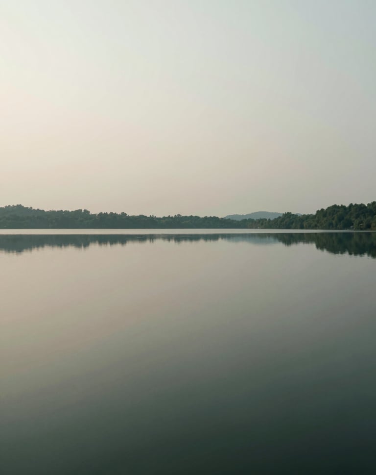 A high-contrast photography piece of a still lake reflecting a hazy sky, minimalist and captivating, featuring deep tones of #362C27 and soft #A89B90 highlights.