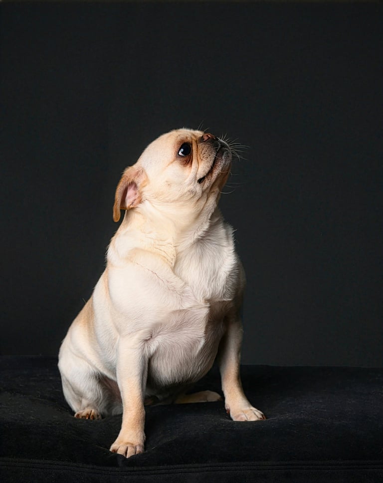 A cute fawn-colored pug dog sitting and looking up against a dark studio background.