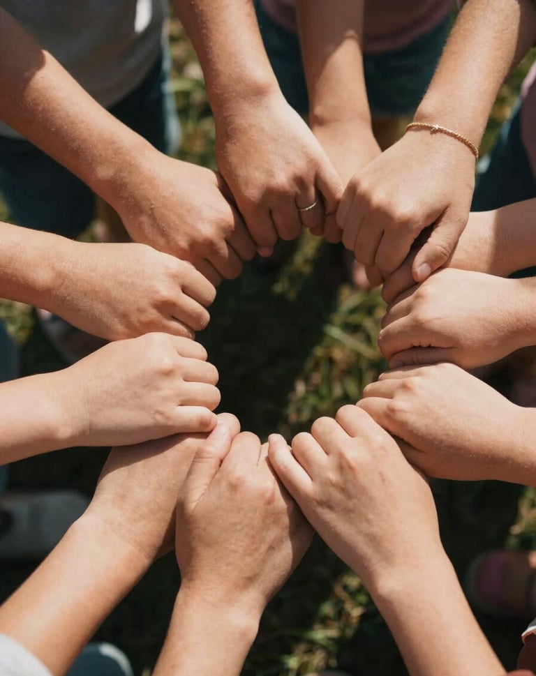 A detailed lifestyle shot of a family's hands joined together in a circle. Authentic skin tones, North American / US setting, sun-drenched cinematic lighting, warm atmosphere.