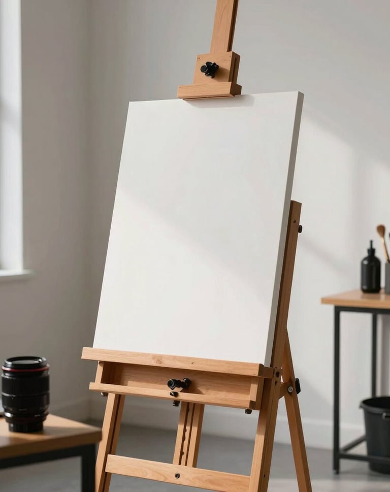 A clean, modern photography studio in the US with a wooden easel, blank canvas, and professional art supplies arranged neatly, lit by soft natural light.