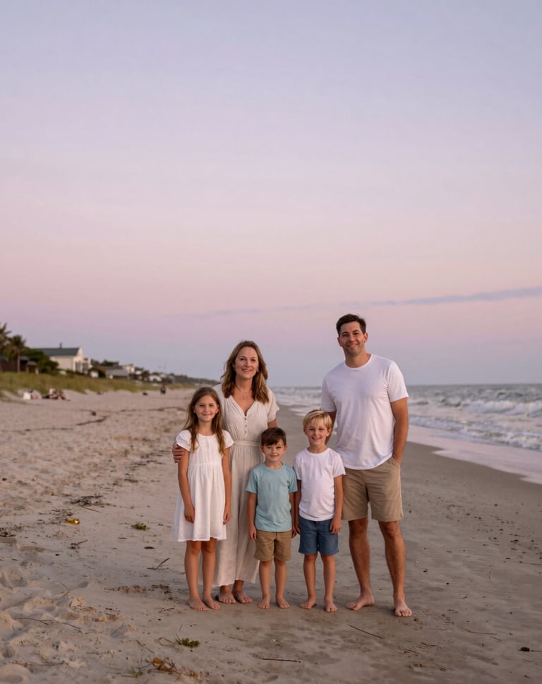 A wide-angle portrait of a family at the beach in West Michigan at dusk. Soft pastel colors in the sky, sandy beige ground, and a light, airy atmosphere that feels approachable and warm.