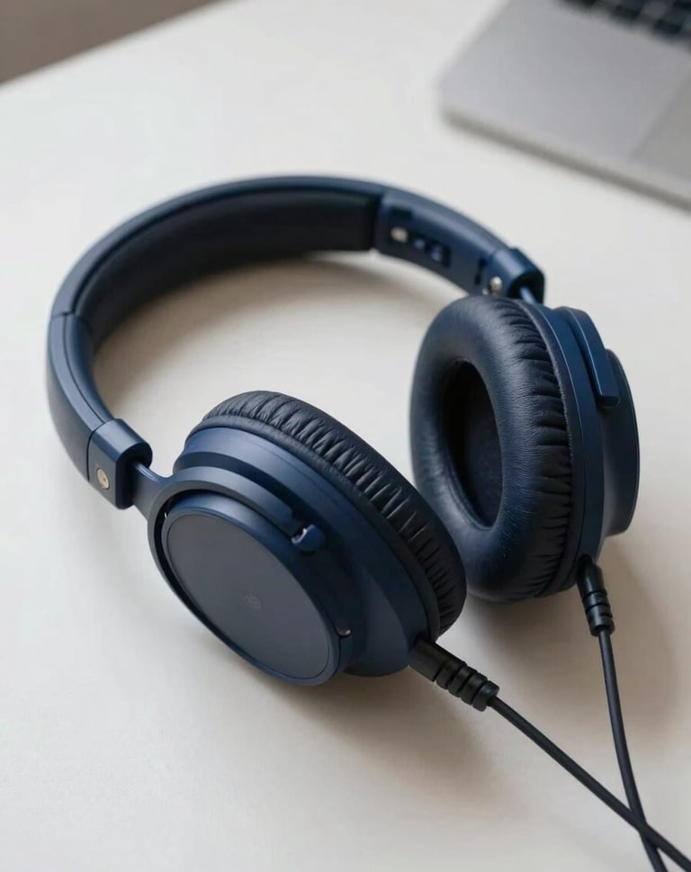 A pair of high-end professional studio headphones resting on a minimalist desk. Clean, modern composition with a focus on cutting-edge expertise. Colors include dark navy and muted blue, Southern European / Spanish vibe.