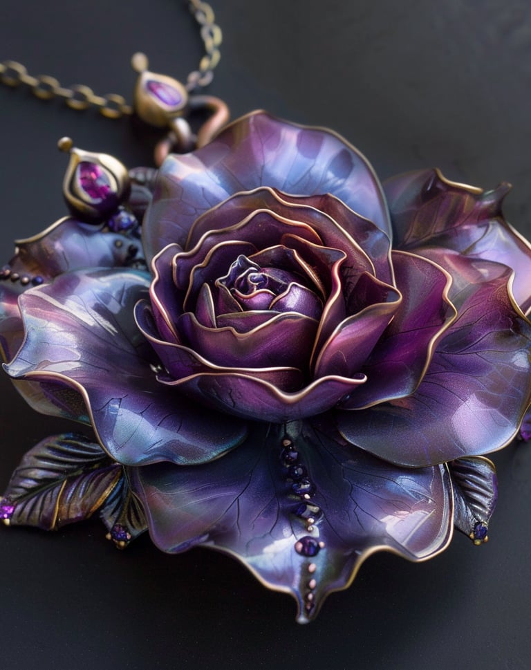 Flower and Jewelry. Purple Floral Enamel Necklace. Rose Flower Pendant