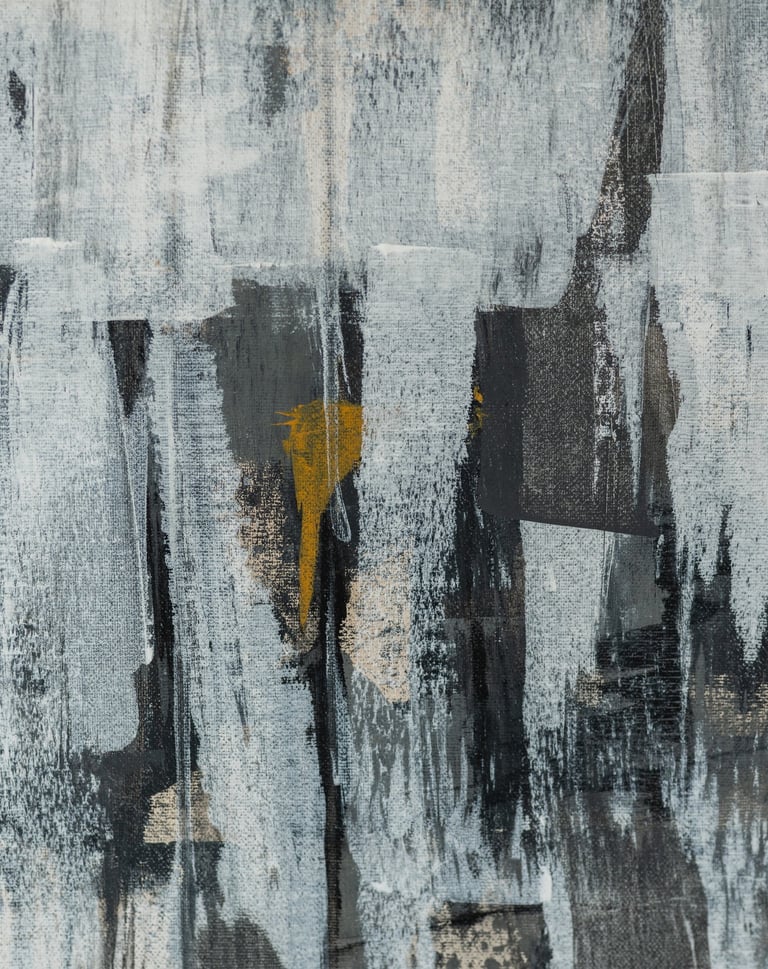 Abstract painting with textured black, white, and grey brushstrokes featuring a gold paint splash.