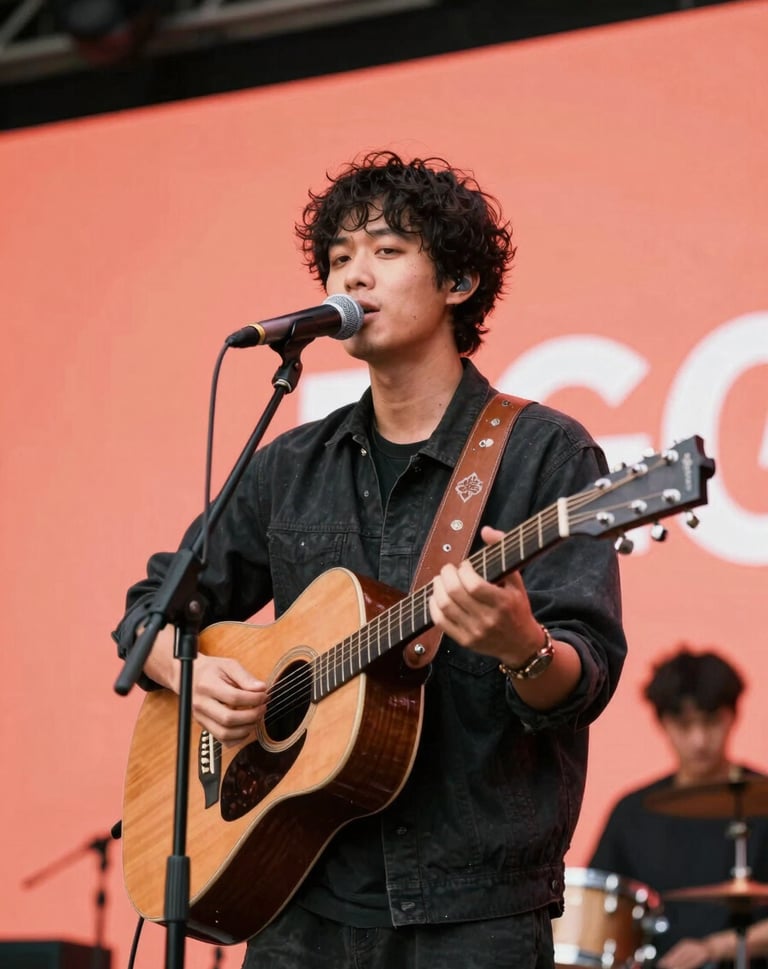 A medium shot of a musician performing an original piece on a stage with a Vibrant Coral background, bright and energetic atmosphere in an International / English-speaking local venue.