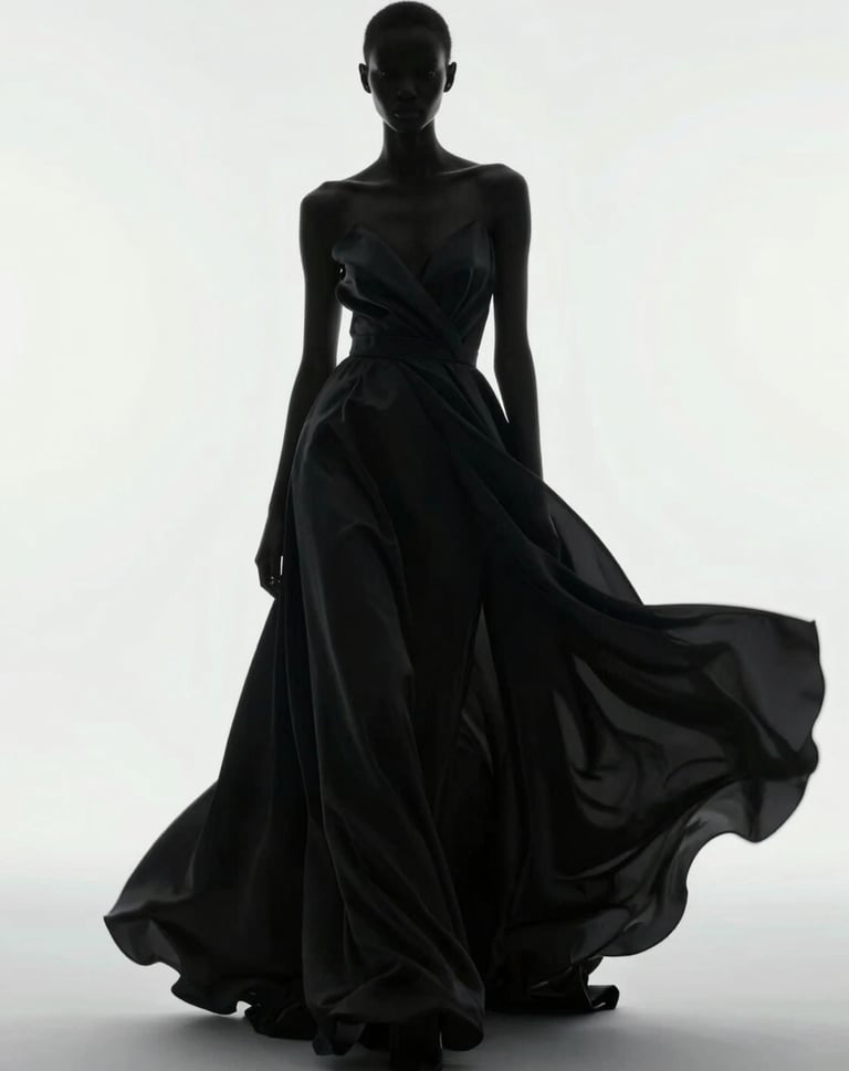 Ethereal silhouette of a fashion model wearing a flowing black silk gown against a bright #F8F8F8 backlit background, refined elegance, minimalist composition.