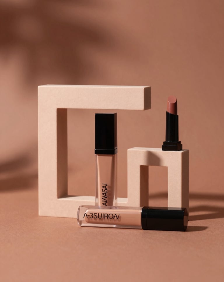 Commercial product shot of high-end cosmetics. Hard light casting geometric shadows on a terracotta #A3533F background. The products are arranged with mathematical precision, looking professional and high-value.