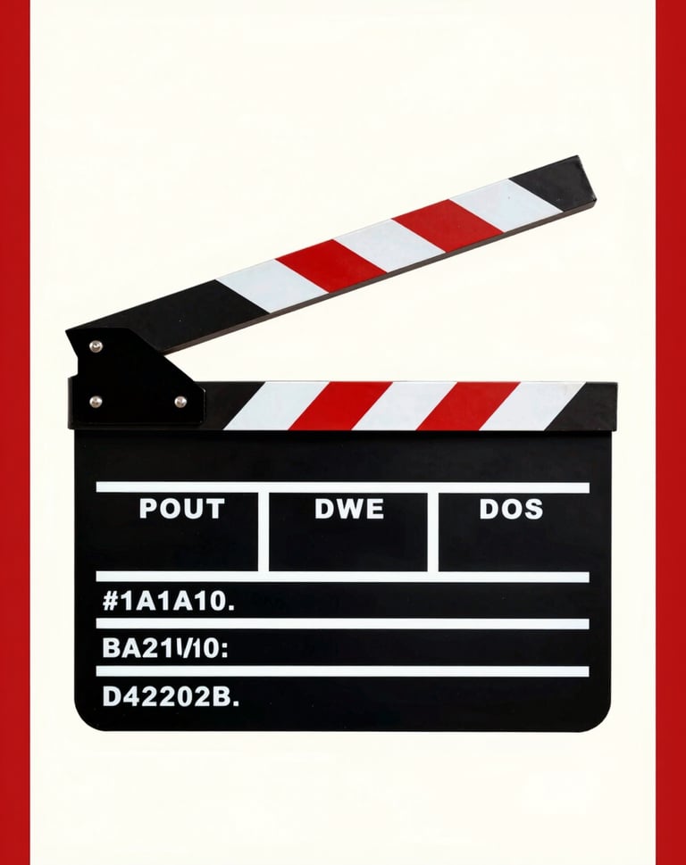 A minimalist graphic of a clapperboard in deep black #1A1A1A and bright red #D4202B. Background is vintage paper white #FDFDF5 with heavy film grain. Iconic 60s design, asymmetric layout, comic book style borders.