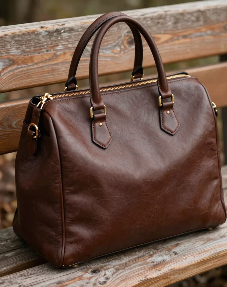 A highly detailed close-up shot of a classic leather handbag in rich espresso brown, resting on a rustic wooden bench. Soft warm light, elegant magazine look.