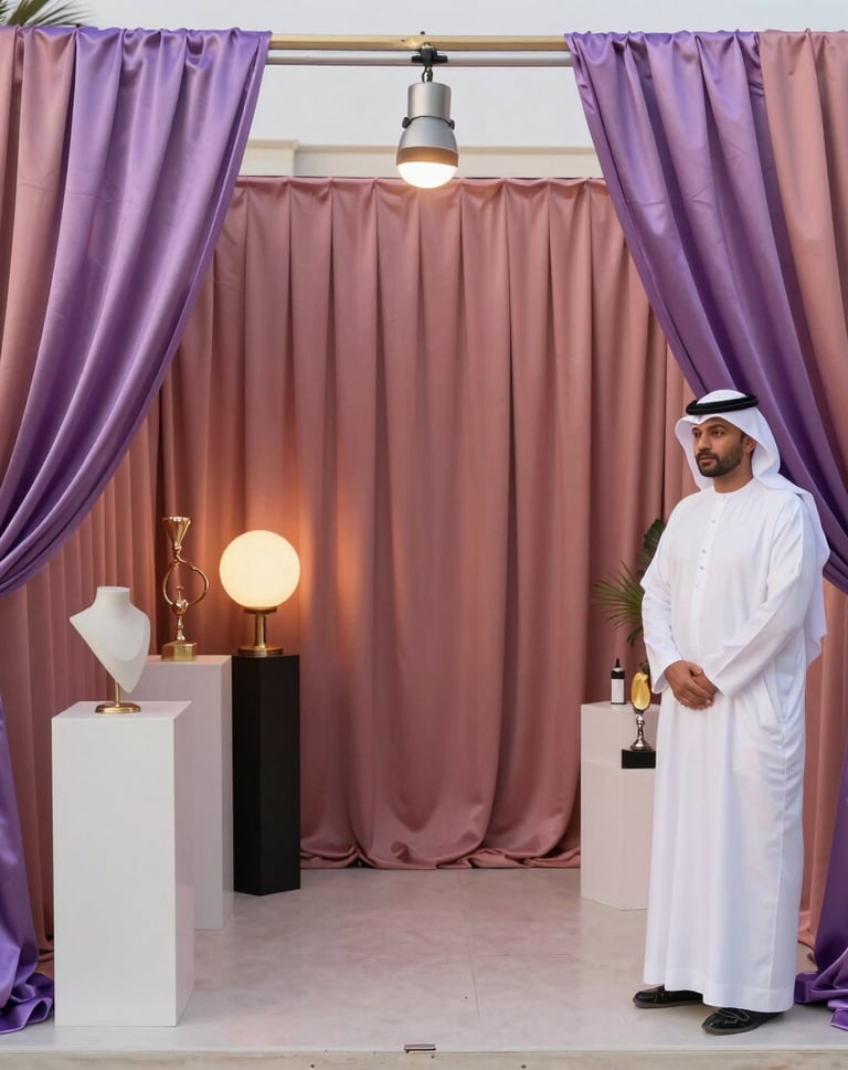 A beautifully decorated event photo booth area with a backdrop of Dusty Rose and Amethyst silk drapes, elegant lighting, and stylish props for a women-only celebration in the Gulf region.