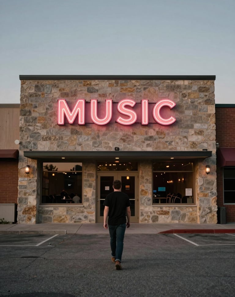 A wide shot of a solitary figure walking toward a North American / US music venue at twilight, neon sign glowing softly in warm stone grey and dusty rose brown colors.