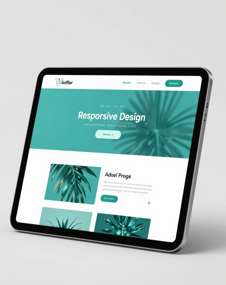 A sophisticated tablet mockup showing a responsive web design with a minimalist aesthetic. The layout uses tropical teal and platinum tones, projecting clarity and modern professionalism. Clean, high-resolution studio shot.