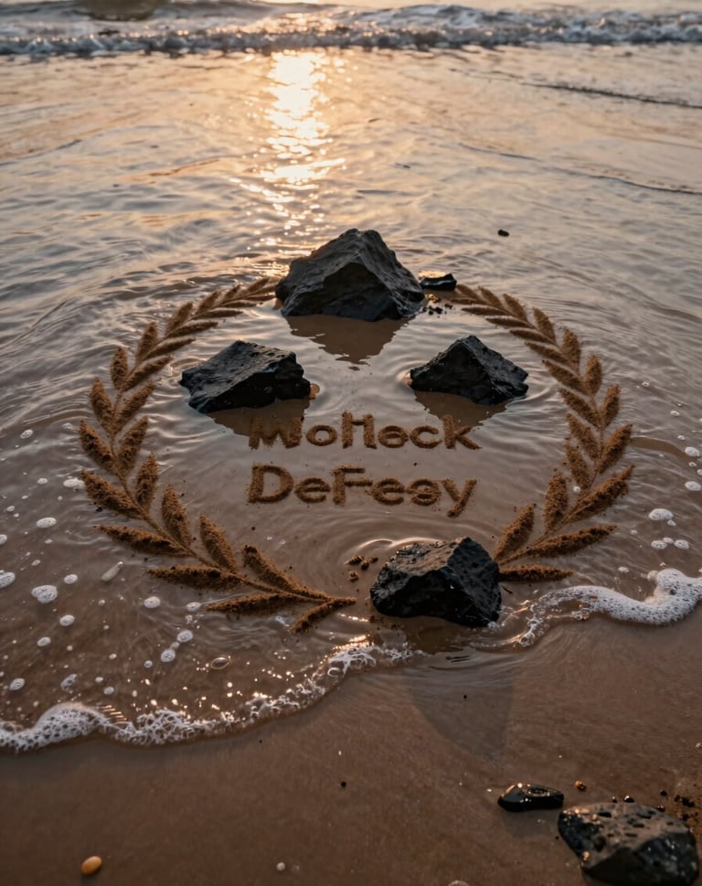 A top-down view of the completed sand installation as the first waves of the tide touch the base. The water is clear, reflecting the charcoal rocks and the warm, golden terracotta light of the horizon. Cinematic and contemplative.